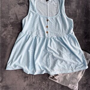 SHEIN Light Blue Eyelet Peplum Tank with Button Front - NEW